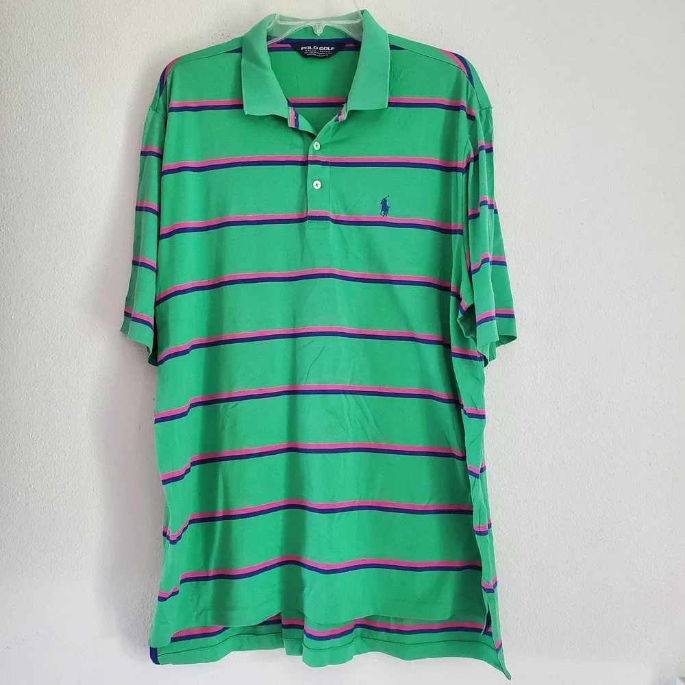 Polo Golf Ralph Lauren Polo Shirt Mens XL Green Pink Blue Striped‎ Lakewood Pima